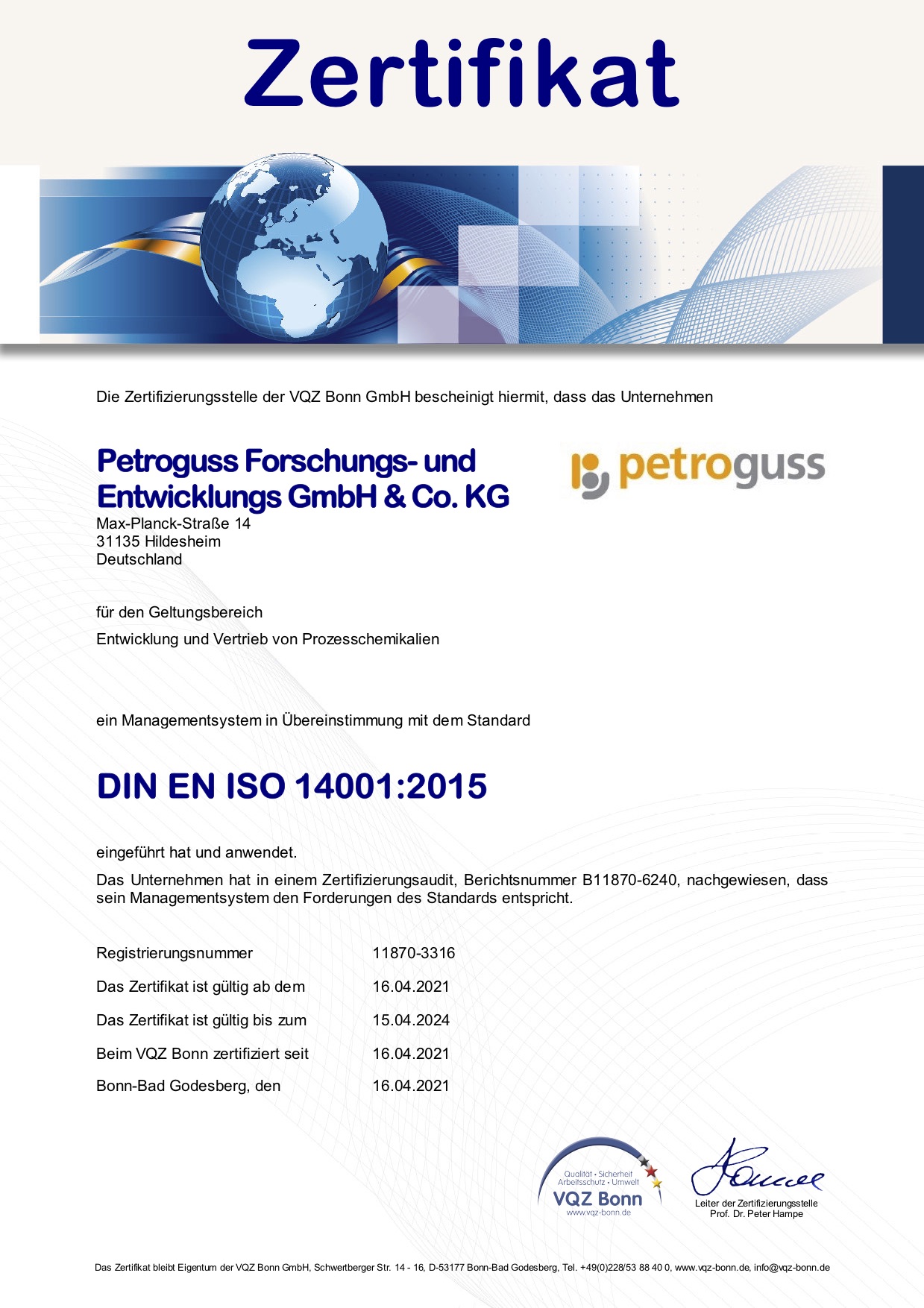 Zertifikat DIN EN ISO 14001 2015 20210416
